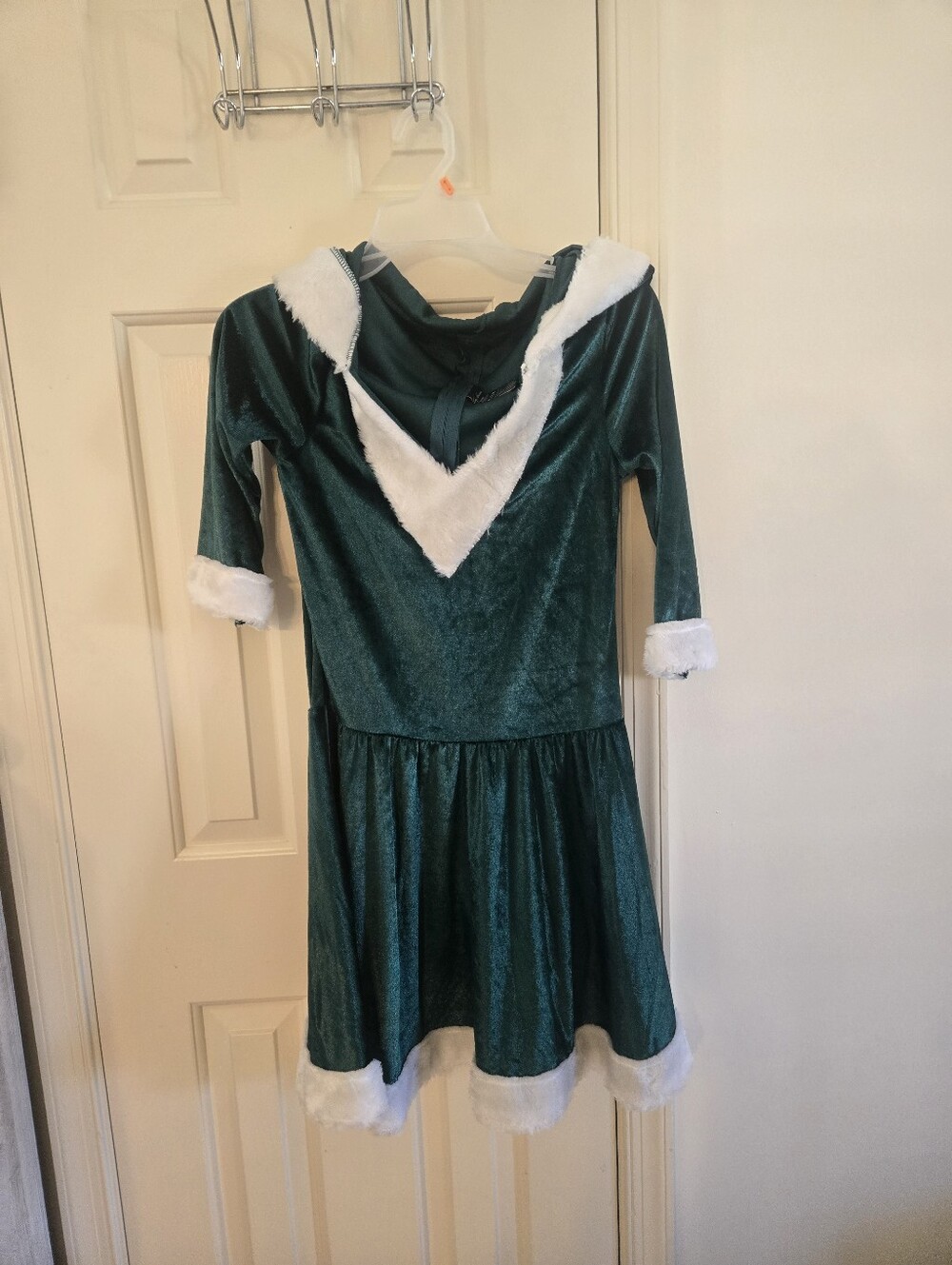 Green Velvet Holiday Elf Dress Costume with White Faux Fur Trim